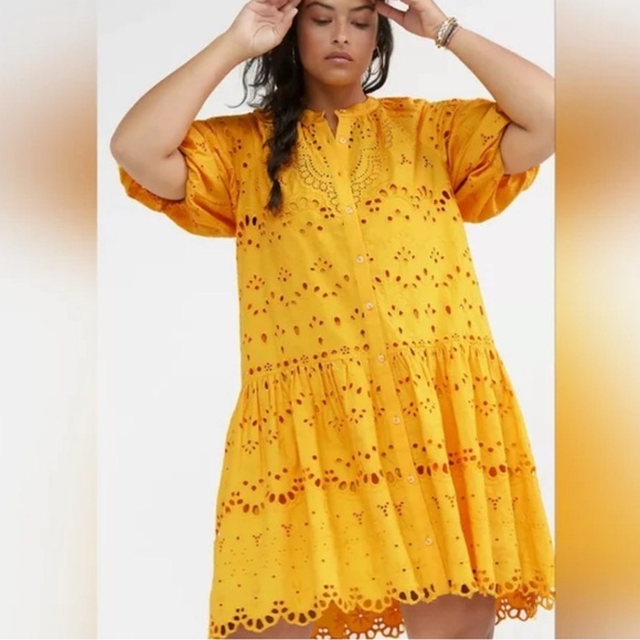 Anthropologie Mustard Eyelet Midi Dress - Picture 11 of 13